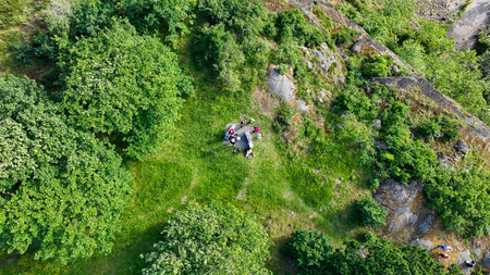 Flygbild över en grönskande glänta med några personer som sitter på en filt mitt i naturen.