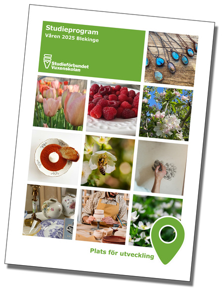 Omslag till studieprogram för våren 2025 i Blekinge med bilder på smycken, blommor, mat, bin och hantverk.