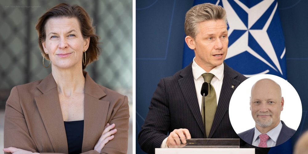 Två porträtt av personer i formella kläder, en kvinna till vänster och två män till höger, ansikten suddade.