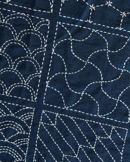 Närbild av tyg med traditionellt japanskt sashiko-broderi i vita stygn på mörkblå bakgrund.