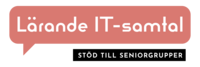Logotyp med texten 'Lärande IT-samtal' och 'Stöd till seniorgrupper' i pratbubbla och svart ruta.
