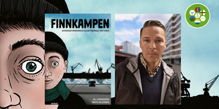 Omslag till boken 'Finnkampen' med tecknad figur och foto på man i stadsmiljö, samt symbol med flaggor.