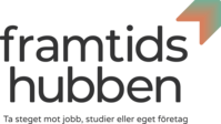 Logotyp för Framtidshubben med texten 'Ta steget mot jobb, studier eller eget företag' och en pil i hörnet.
