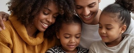 Två glada vuxna och två glada barn tittar i en bok tillsammans.