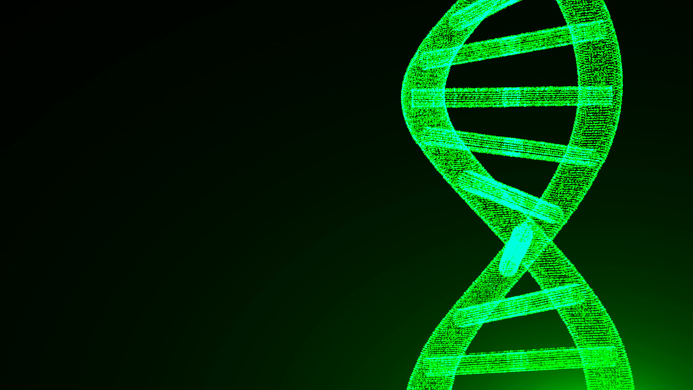 Grön digital illustration av en DNA-spiral mot svart bakgrund.