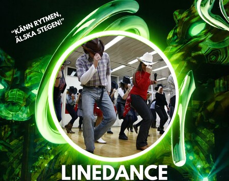 Personer dansar linedance i en sal, klädda i cowboyhattar och jeans, med grön grafisk ram och svensk text.