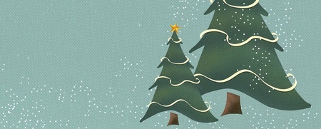 Två tecknade julgranar med stjärnor på toppen står mot en ljusblå bakgrund med snöflingor.