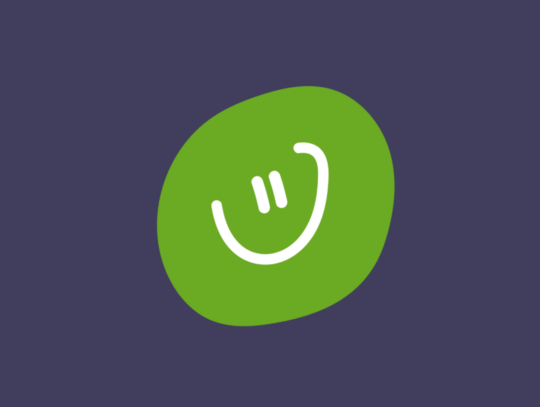 En stiliserad glad smiley i vitt på en grön bakgrund mot mörkblå yta.