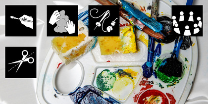 En målarpalett med färg, penslar, svampar och ikoner för konstnärliga aktiviteter som målning, klippning och samarbete.