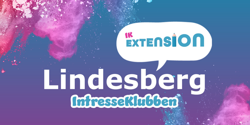 Färgglad bakgrund med texten 'IK Extension Lindesberg IntresseKlubben' i olika stilar.