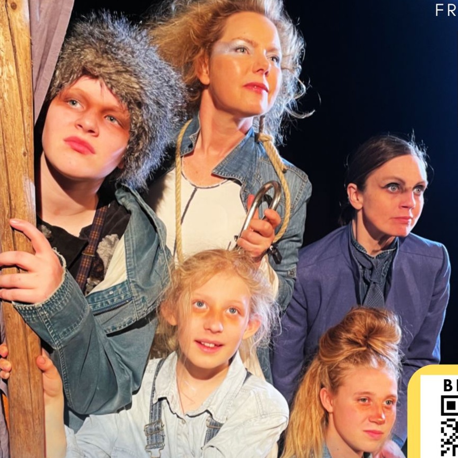 Affisch för teaterföreställningen Lilla Stormen med fem personer i kostym och information om datum och plats.