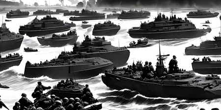 Svartvit illustration av soldater som stormar en strand från landstigningsbåtar under en militär invasion.