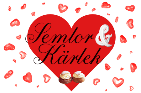 Röd hjärtform med texten 'Semlor &amp; Kärlek', omgiven av röda hjärtan och två semlor längst ner.