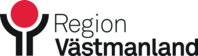 Logotyp för Region Västmanland med svart text och en stiliserad figur med röd cirkel ovanför.