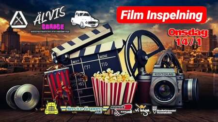 Affisch med filmtema, filmklappa, kamera, popcorn och text om filminspelning den 14 januari.