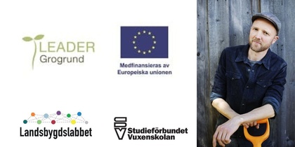 Fyra logotyper för svenska landsbygdsprojekt och EU-finansiering samt en person med spade mot trävägg, ansiktet suddat.