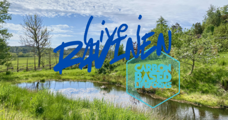 Landskapsbild med damm, gräs och träd. Texten 'Live i Ravinen' och 'Carbon Based Lifeforms' syns ovanpå bilden.