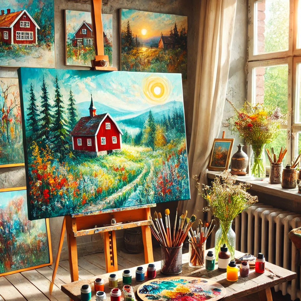 Målarstudio med färgstarka landskapsmålningar, staffli med tavla av rött hus, penslar och färgtuber.