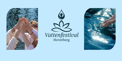 Affisch för Vattenfestival Hoverberg med händer i vatten och festivalens logotyp mot ljusblå bakgrund.