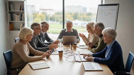 En grupp äldre personer sitter runt ett konferensbord och har ett möte med laptops och anteckningsblock.