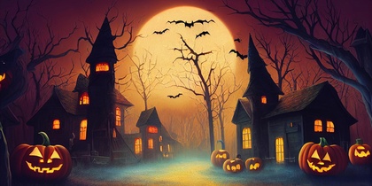 Illustration med mörka silhuetter av hus, träd och fåglar mot en orange himmel med en stor gul måne. Halloweenpumpor med ljus i.