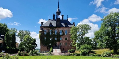 Ett slott med torn och klätterväxter, omgiven av grönska och blommor under en blå himmel.