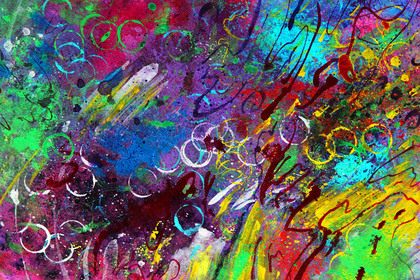 Abstrakt målning med starka färger, cirklar och linjer i grönt, blått, lila, rött och gult.