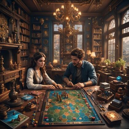 Två personer spelar brädspel i ett mysigt, bokfyllt bibliotek med varm belysning och stora fönster.
