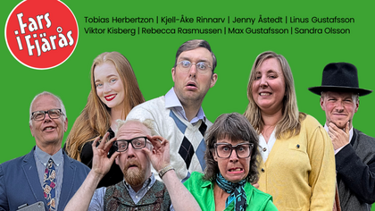 Gruppbild av sju personer framför grön bakgrund med text om teatergruppen Fars i Fjärås.