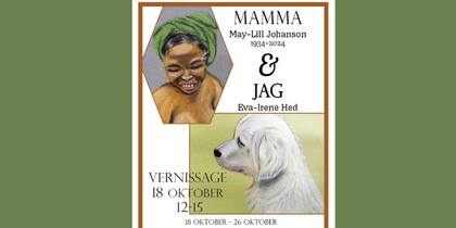 Affisch för konstutställning med porträtt av en kvinna med grön turban och en vit hund, samt utställningsinformation.