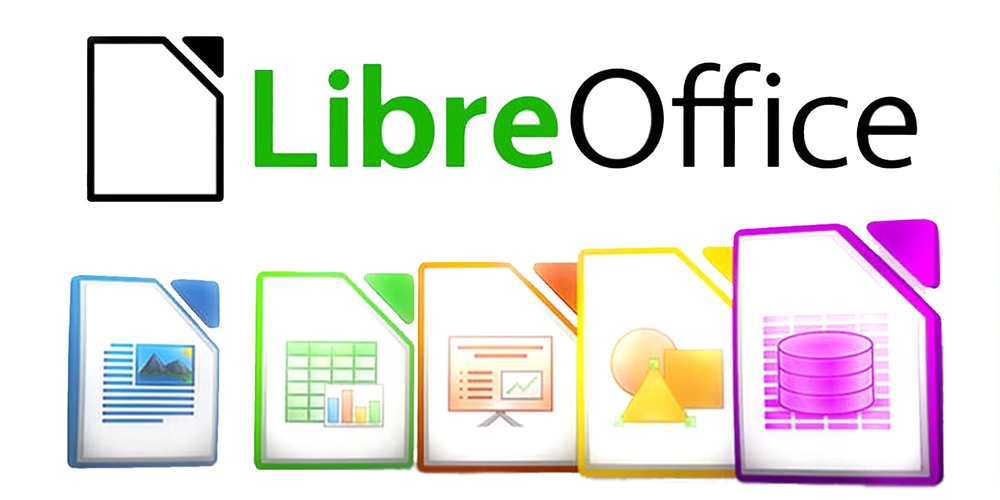 Logotyp för LibreOffice Writer med ikoner för olika LibreOffice-program på rad.