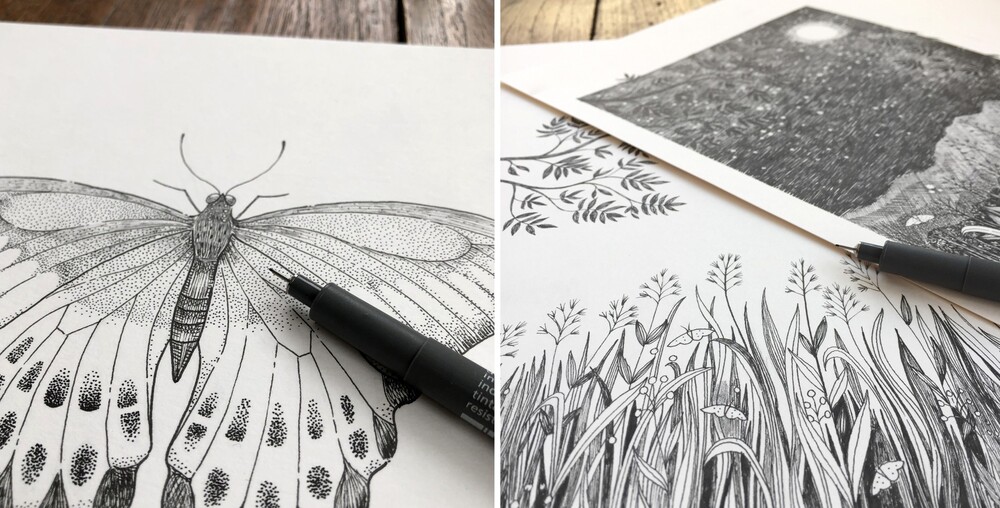 Två svartvita teckningar, en av en fjäril och en av natur med gräs och träd, ritade med finelinerpenna.