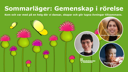 Affisch för sommarläger med text, tecknade blommor, fjärilar och tre suddiga porträttfoton.