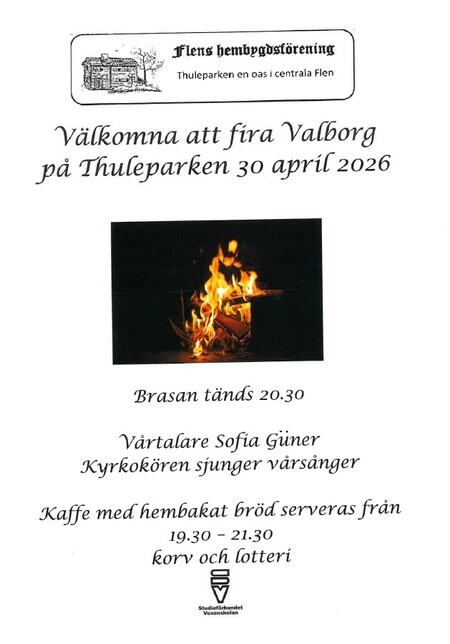 Affisch för Valborgsfirande i Thuleparken, Flen, 30 april 2026, med brasa, sång, kaffe och lotteri.