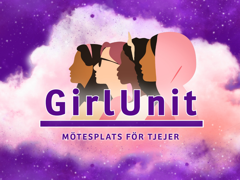 Illustration av fyra tjejer i profil mot en lila och rosa rymdbakgrund med texten 'GirlUnit – Mötesplats för tjejer'.