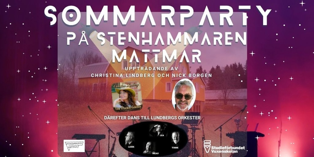 Affisch för sommarparty på Stenhammaren Matmar med musikuppträdanden och dans, färgstark bakgrund med stjärnor.