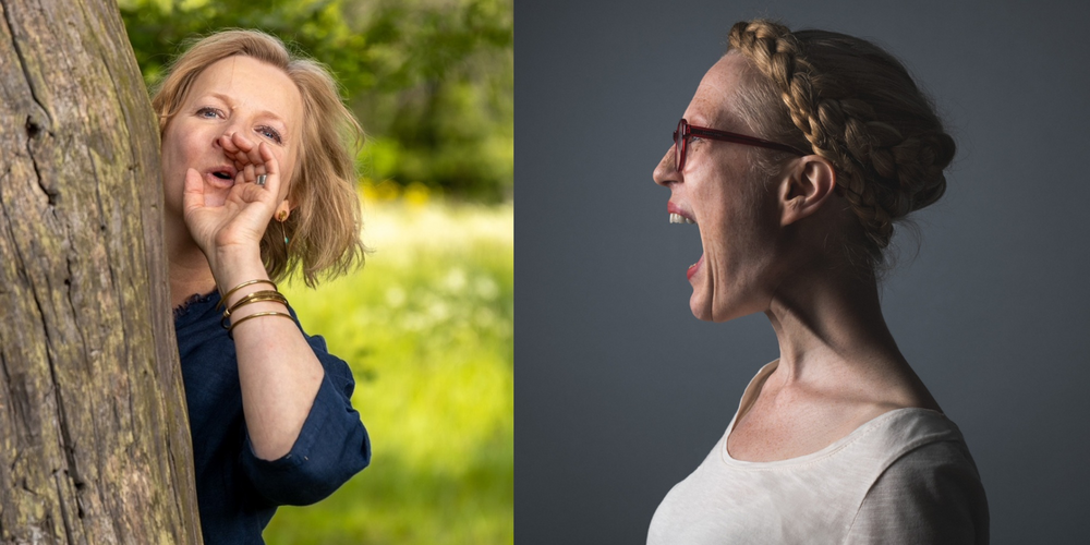 Två kvinnor, en står utomhus vid ett träd och en annan i studio med flätat hår.