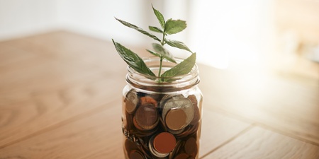 En glasburk fylld med mynt står på ett träbord, med en grön växt som växer ur burken.
