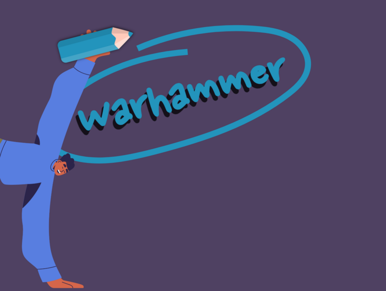 Illustration av en person som gör en handstående och ritar en blå cirkel runt ordet 'warhammer'.