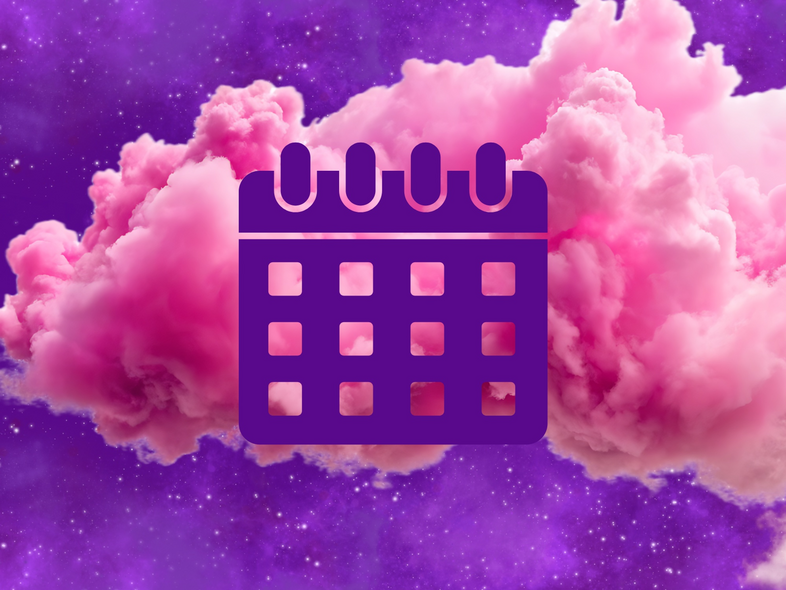 Lila kalenderikon framför rosa moln och stjärnhimmel.