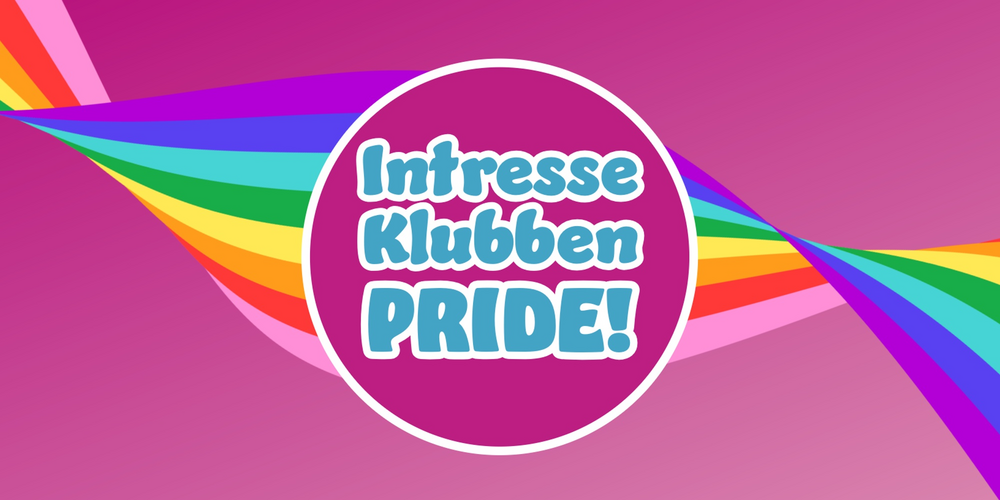 Färgglad bild med regnbågsfärger och texten 'Intresse Klubben PRIDE!' i en cirkel mot rosa bakgrund.