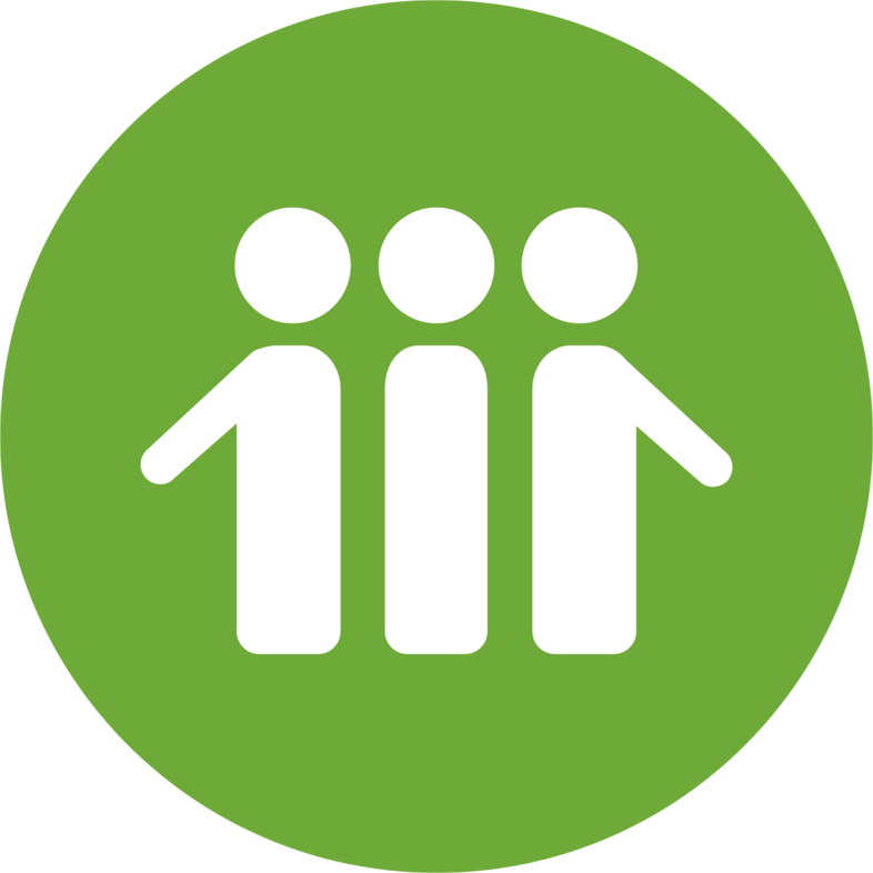 Tre stiliserade figurer står bredvid varandra på en grön cirkelbakgrund.