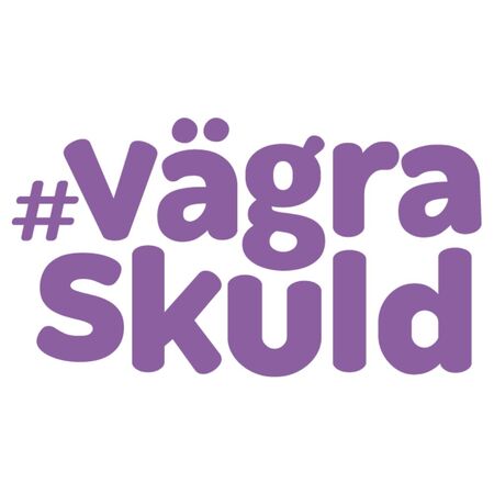 Lila text med hashtaggen 'vägraskuld' på vit bakgrund.