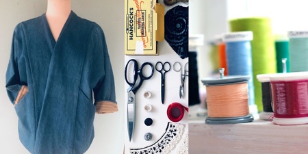 en kimonojacka, sytråd och andra sybehör