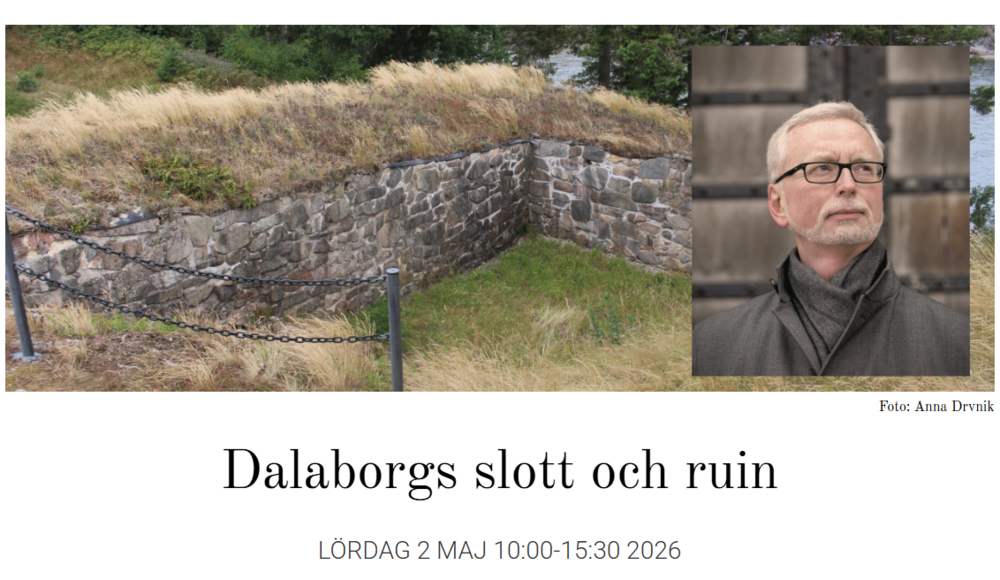 Stenmur och gräs vid Dalaborgs slottsruin, informationsbild om evenemang.