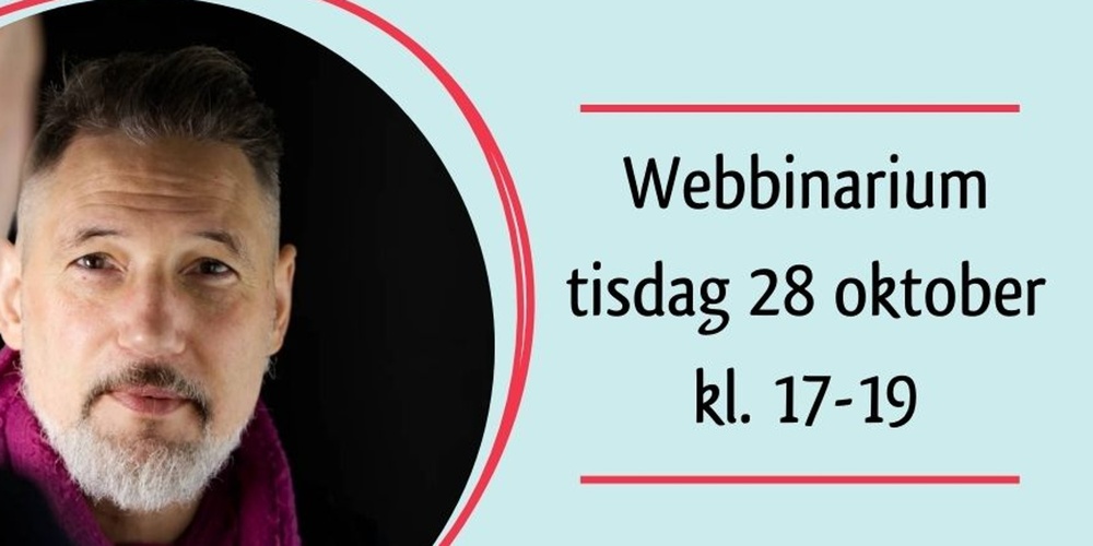 Affisch för webbinarium med porträtt av en man, datum, tid och information om föreläsning om psykisk hälsa.