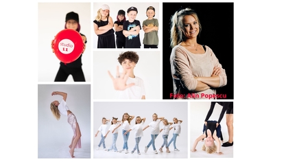 Kollage med dansande barn och vuxna, en röd boll med texten 'studio 11', och olika dansposer.