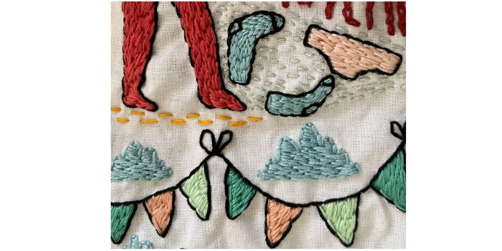 Broderi med röda ben, små tygbitar, vimplar och blå moln på vit bakgrund. Bild på brodera dina bilder, av konstnär Camia Pia Boije