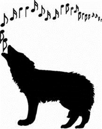 En siluett av en ylande varg med musiknoter som kommer ut ur dess mun.