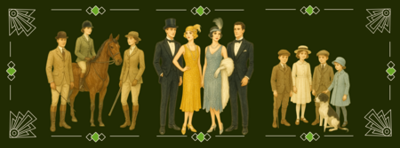 Illustration av människor i 1920-talskläder, inklusive ryttare, festklädda par och barn, mot mörkgrön bakgrund.